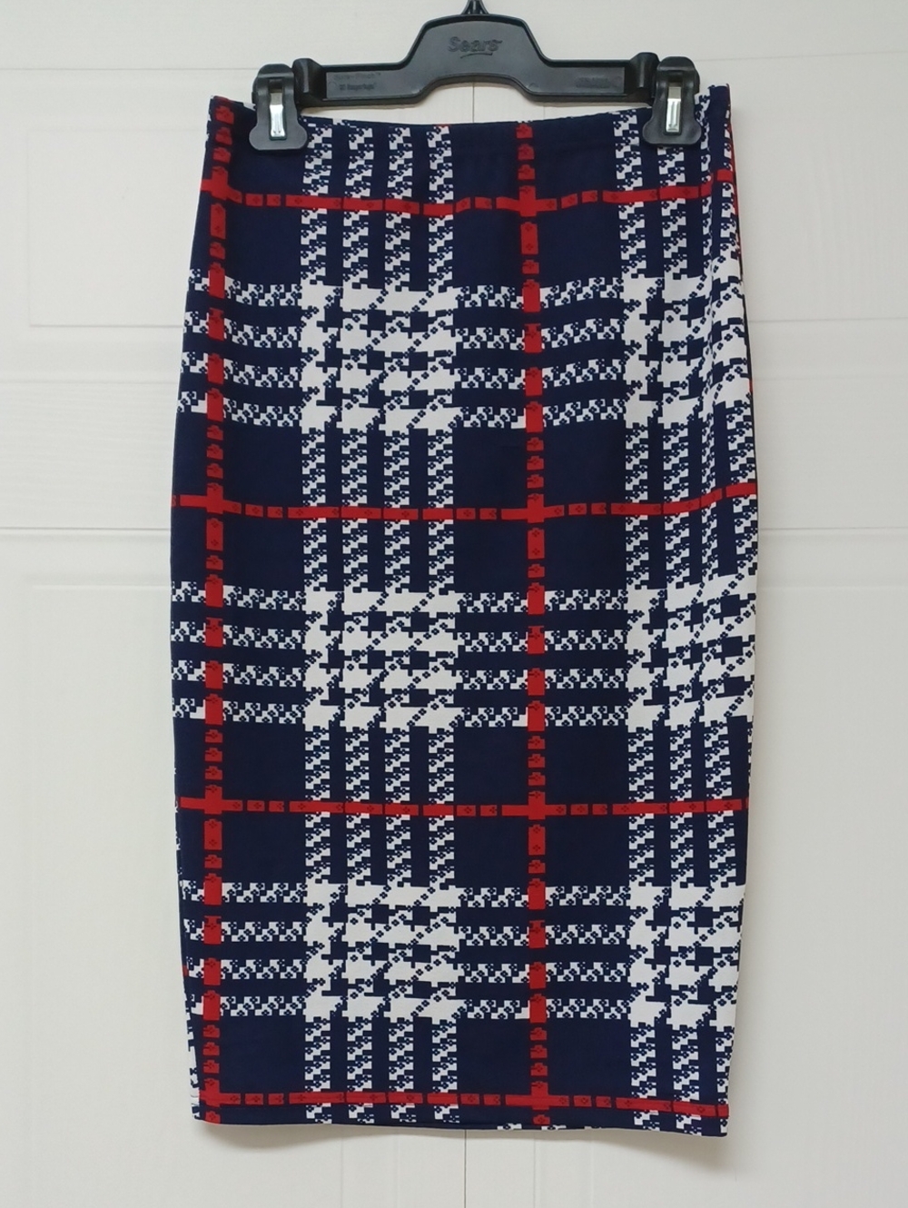 SHEIN Navy, White & Red Plaid Pencil Skirt